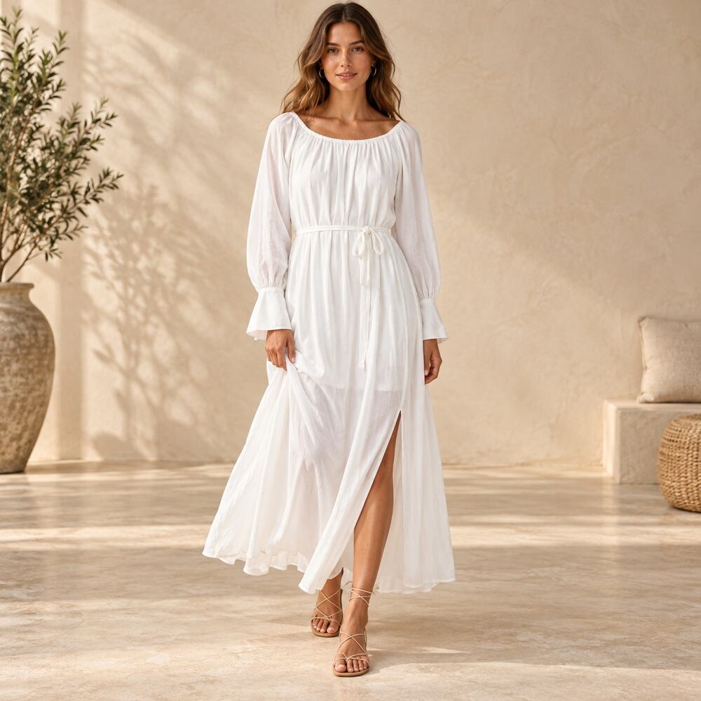 J.Crew Collection Dress WMNS S White Sheer Long Sleeve Belted Maxi Coastal Boho